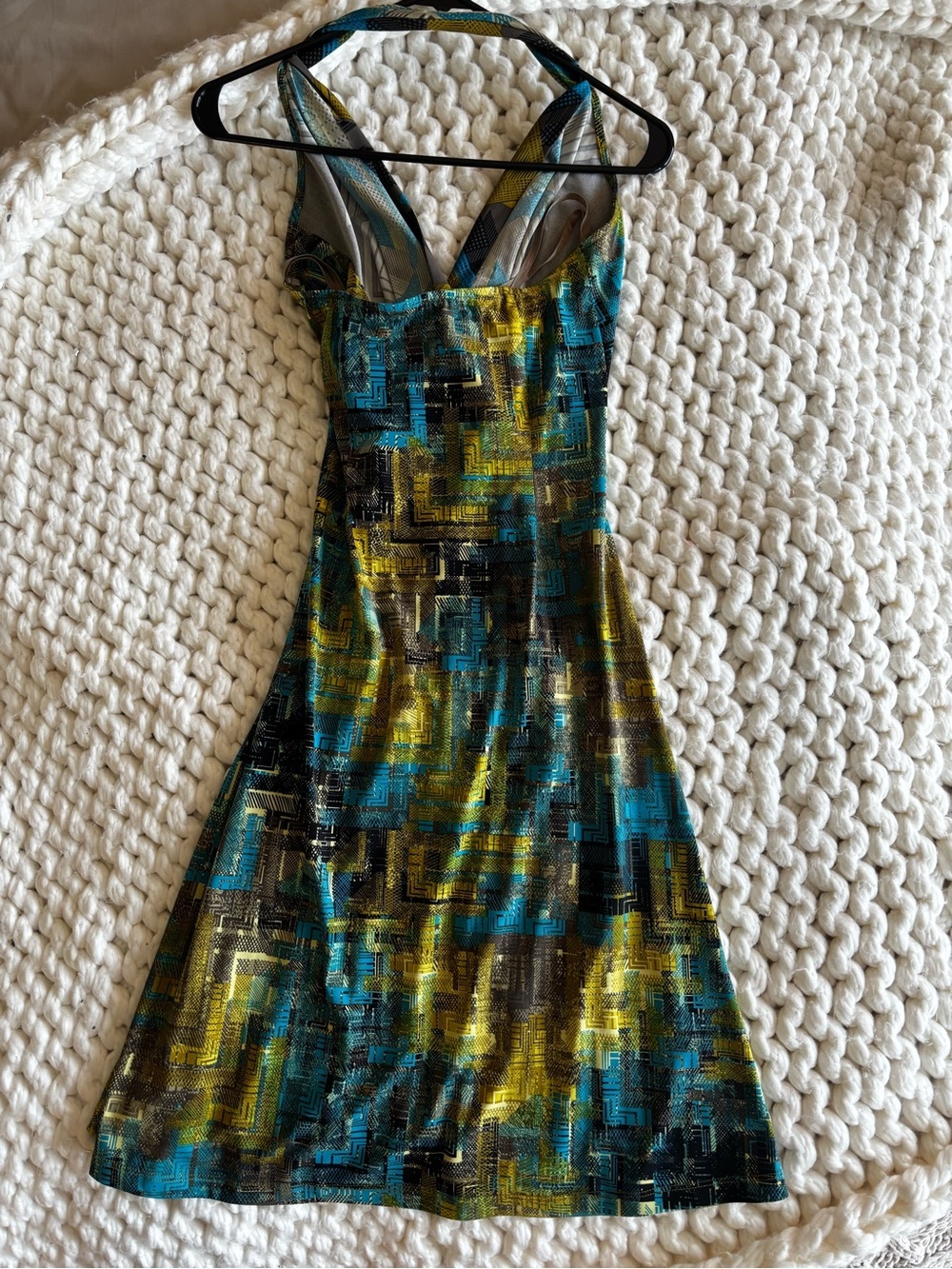 BCBGMaxAzria Multicolor Backless Halter Dress in Blue, Green, Yellow, Gray - Picture 3 of 4
